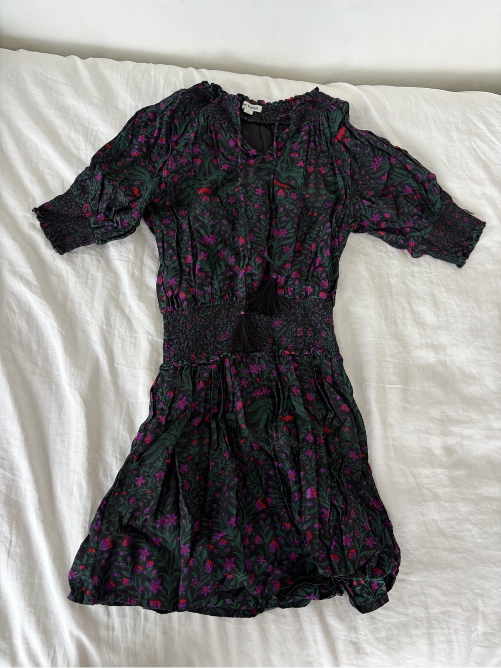 Floral Smocked Waist Short Sleeve Dress - Black with Purple Accents